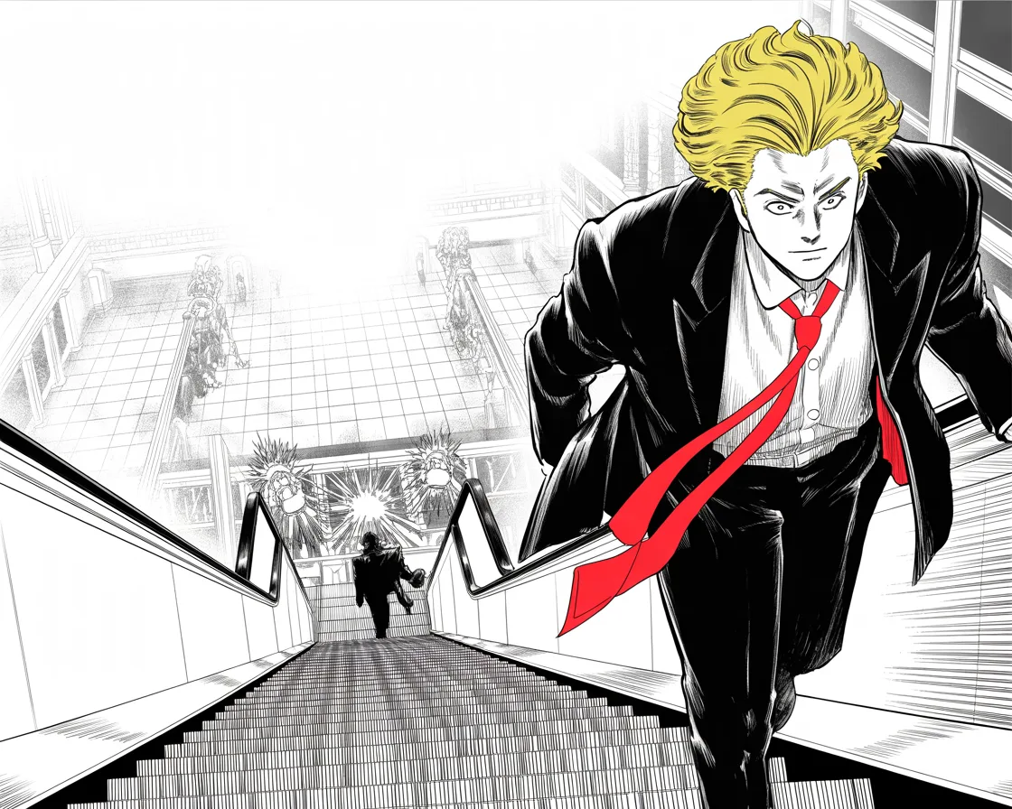 Imposing older man with a sweeping golden pompadour mane, heavy brow, small intense eyes, strong jowled jaw, long dark suit, very long red necktie flowing like a battle banner, descending a gleaming escalator as a golden diagonal through a vast marble atrium, flashbulbs bursting far below