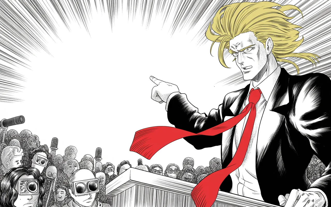 Imposing older man with a sweeping golden pompadour mane, heavy brow, small intense eyes, strong jowled jaw, long dark suit, very long red necktie flowing like a battle banner, pointing from a podium at a crowd of featureless figures with camera lenses for faces, microphone thicket, flash bursts