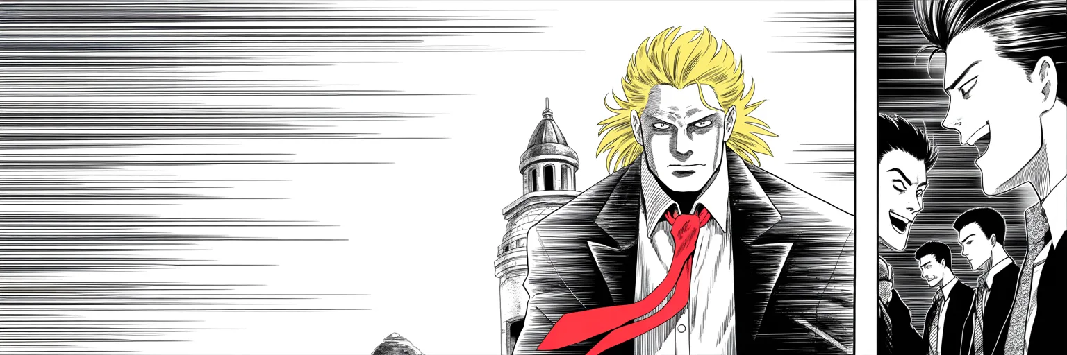 Imposing older man with a sweeping golden pompadour mane, heavy brow, small intense eyes, strong jowled jaw, long dark suit, very long red necktie flowing like a battle banner, shot from below with mane haloed in light, standing alone before his tower as faceless figures laugh in the margins