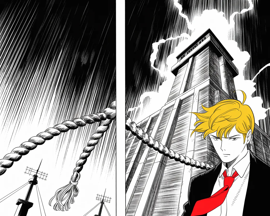 Manga panel 2 of 4, Week 2 “The Great Houses Cut Their Ropes”: A brutalist tower shot like a fortress keep at night rising on the right half of the frame, lightning behind it; thick mooring ropes lashed from the tower to distant broadcast masts are snapping one…