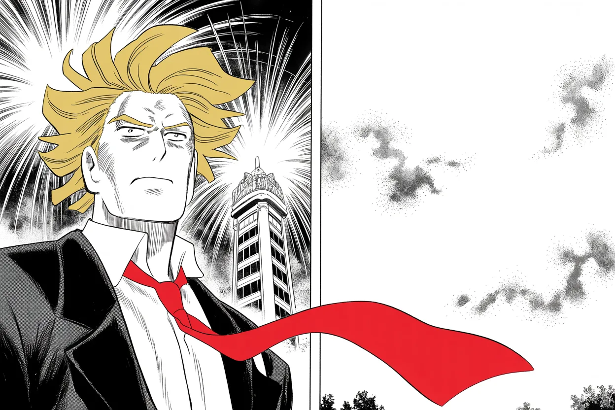 imposing older man with a sweeping golden pompadour mane, heavy brow, small intense eyes, strong jowled jaw, long dark suit, very long red necktie flowing like a battle banner shot from below at a high tower window, fireworks bursting behind him, an aura of light flaring around his mane