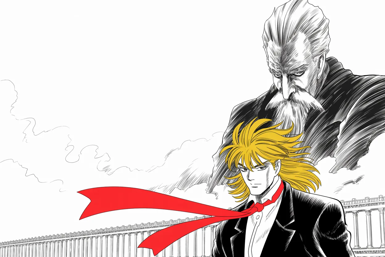 imposing older man with a sweeping golden pompadour mane, heavy brow, small intense eyes, strong jowled jaw, long dark suit, very long red necktie flowing like a battle banner stands beneath the towering ghostly silhouette of an old statesman in the clouds, a vast wall stretching below