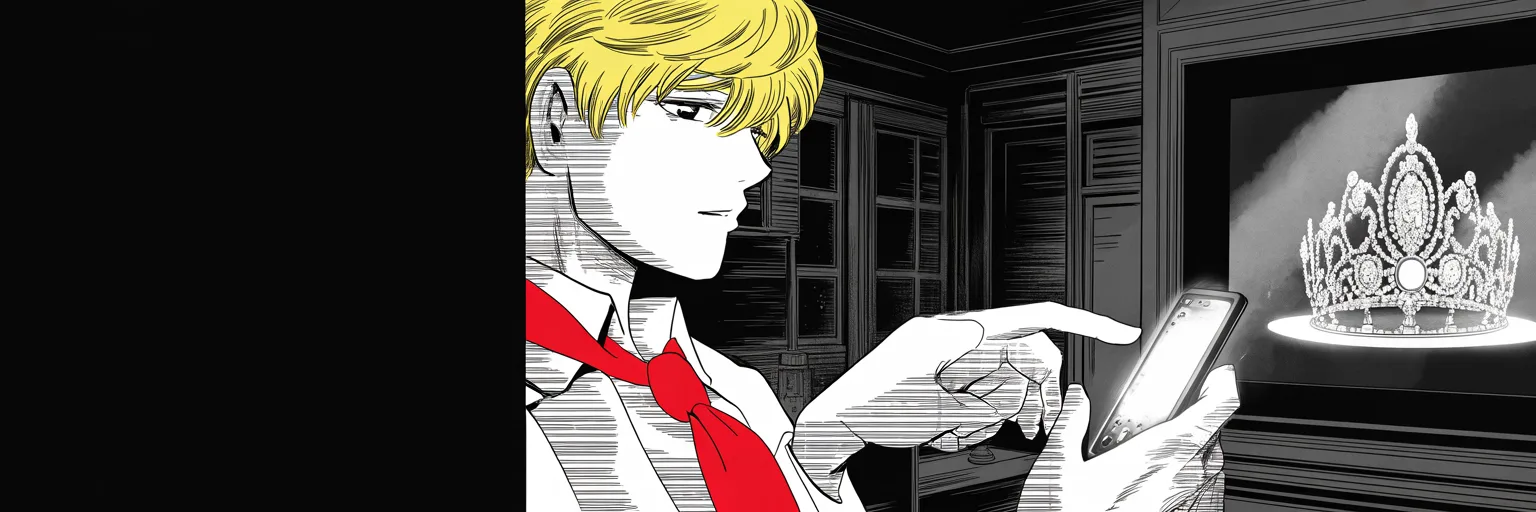 Extreme close-up of thumbs hovering over a glowing phone screen in a dark tower suite before dawn, screen light carving deep shadows, a jeweled pageant crown gleaming on a distant television screen, heavy screentone darkness pressing in