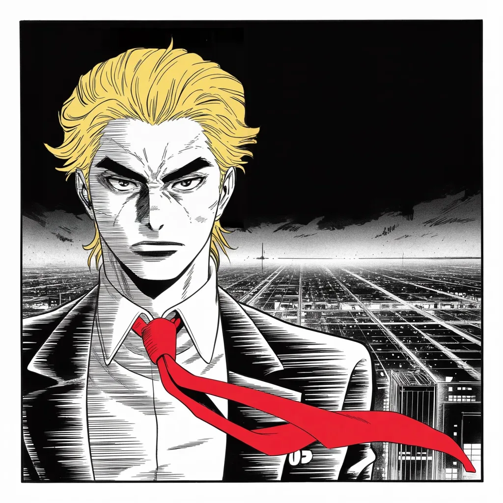 Manga panel 2 of 5, Week 4 “The Tunnel and the Wall”: Imposing older man with a sweeping golden pompadour mane, heavy brow, small intense eyes, strong jowled jaw, long dark suit, very long red necktie flowing like a battle banner, alone at a vast dark…