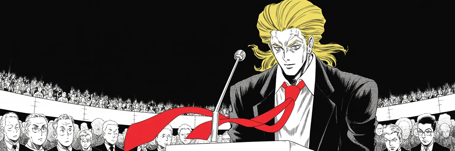 Manga panel 1 of 5, Week 5 “The First Obituary”: imposing older man with a sweeping golden pompadour mane, heavy brow, small intense eyes, strong jowled jaw, long dark suit, very long red necktie flowing like a battle banner stands at a summit…