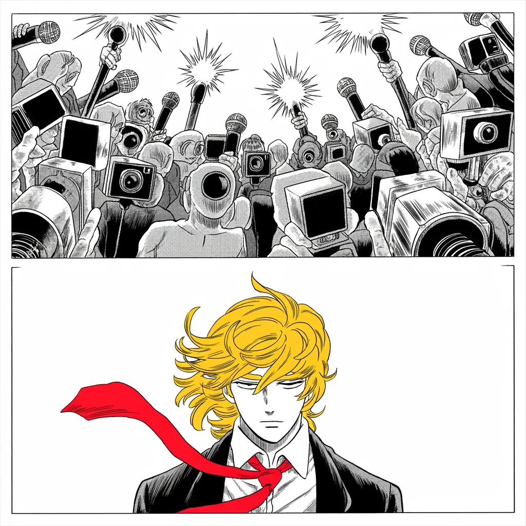 Manga panel 2 of 5, Week 5 “The First Obituary”: crowd of featureless figures with camera lenses for faces, microphone thicket, flash bursts erupting like gunfire, all converging across the middle strip of the square frame on a lone unbowed…