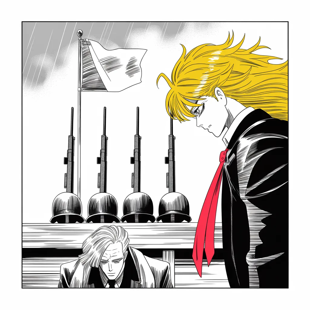 Manga panel 3 of 5, Week 5 “The First Obituary”: four soldiers' helmets resting on upright rifles beneath a half-lowered flag in the lower half of the square frame, an imposing older man with a sweeping golden pompadour mane and long dark suit…