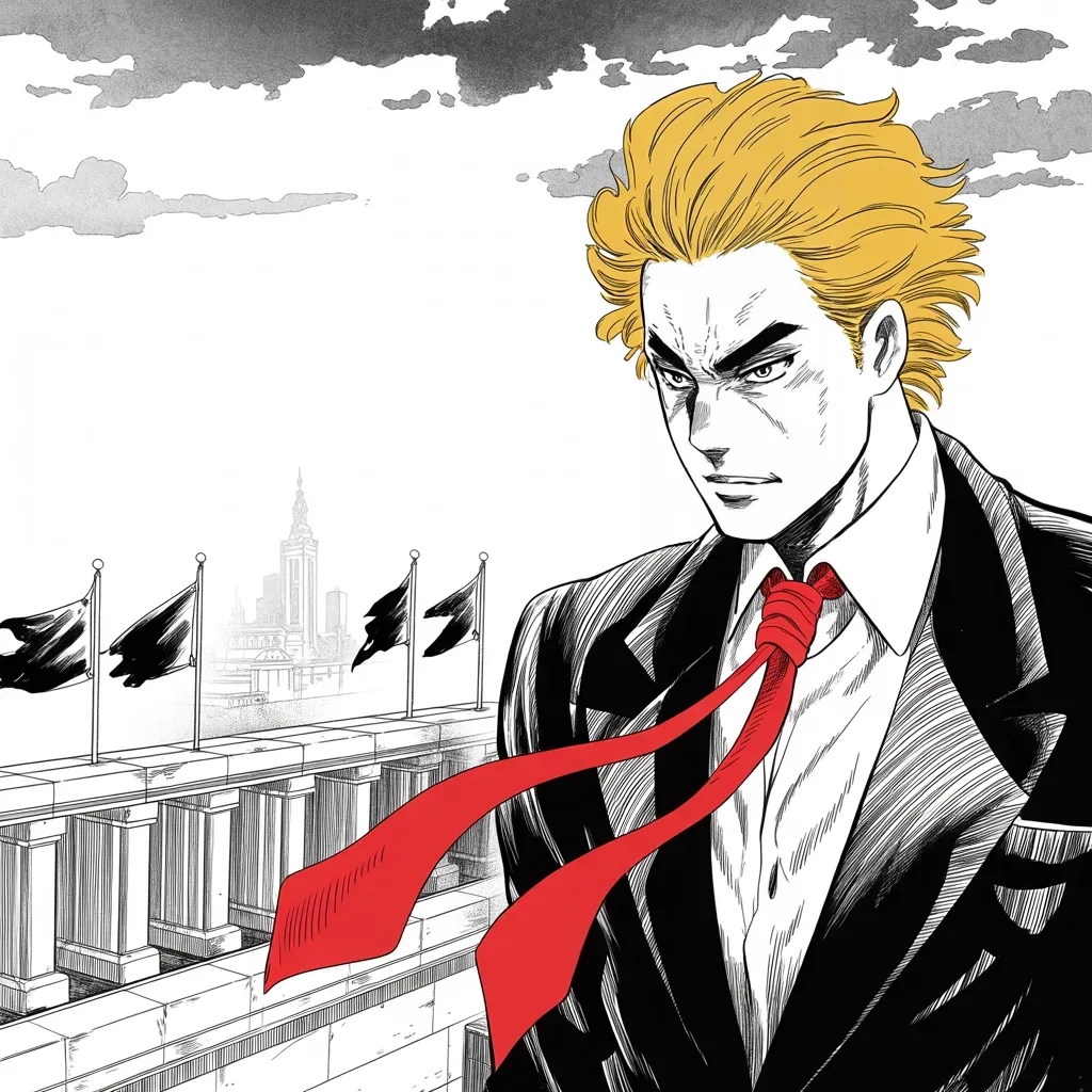 Manga panel 2 of 5, Week 6 “Resurrection in Double Digits”: Imposing older man with a sweeping golden pompadour mane, heavy brow, small intense eyes, strong jowled jaw, long dark suit, very long red necktie flowing like a battle banner, on a high tower…