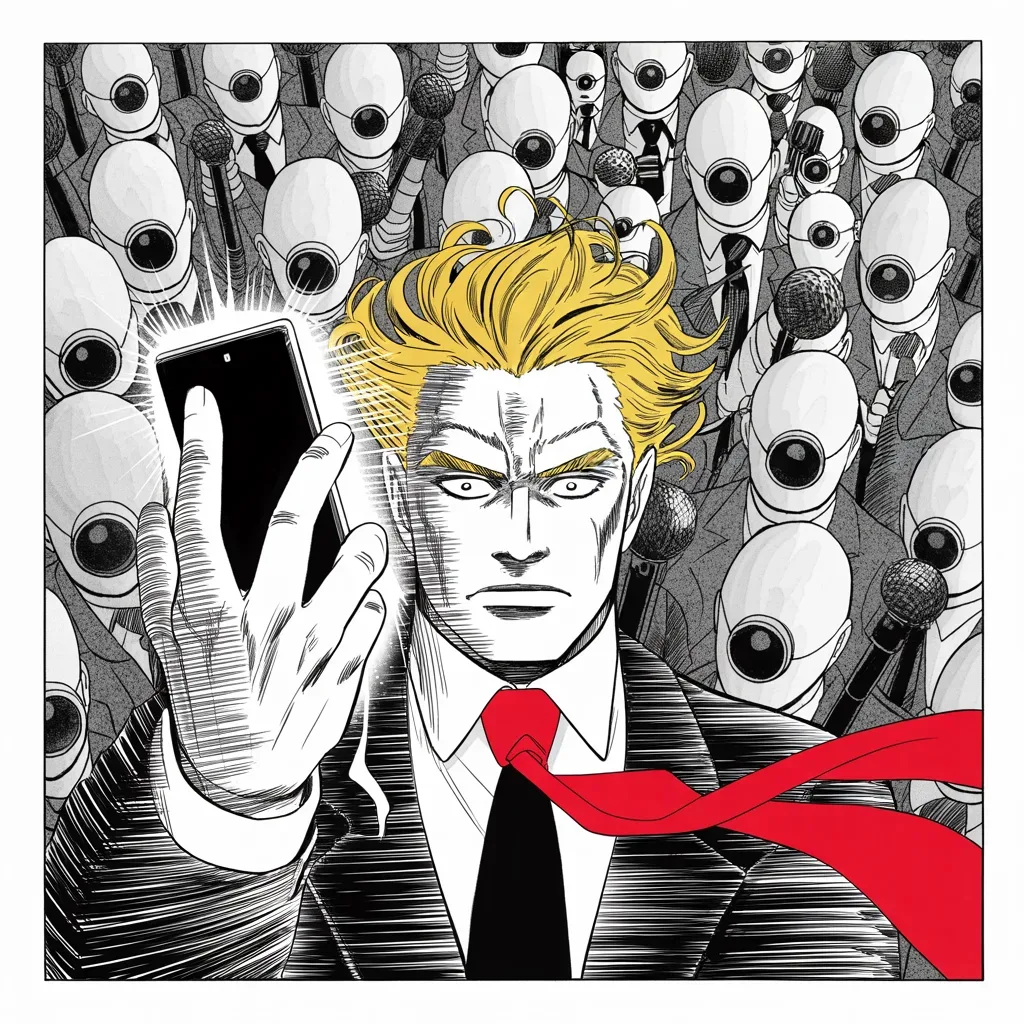Manga panel 3 of 5, Week 6 “Resurrection in Double Digits”: Imposing older man with a sweeping golden pompadour mane, heavy brow, small intense eyes, strong jowled jaw, long dark suit, very long red necktie flowing like a battle banner, raising a glowing…