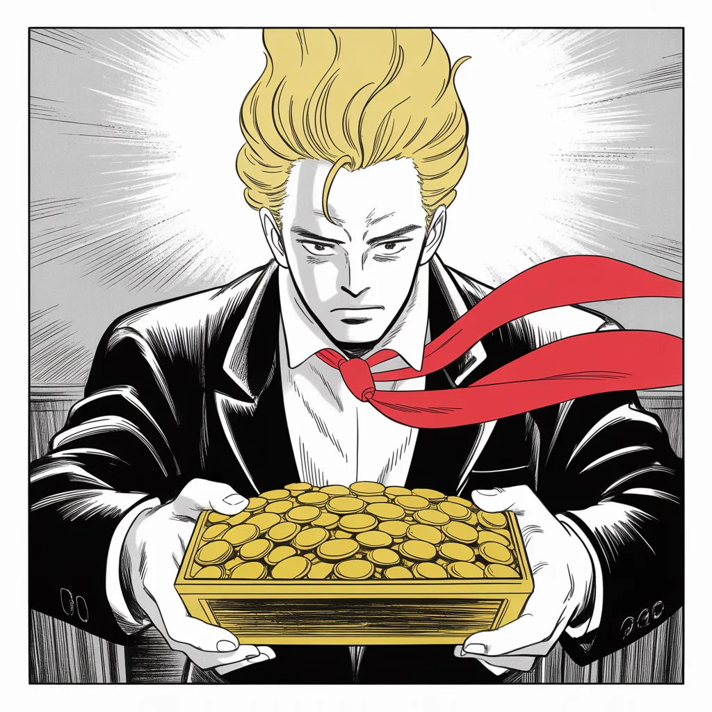 Imposing older man with a sweeping golden pompadour mane, heavy brow, small intense eyes, strong jowled jaw, long dark suit, very long red necktie flowing like a battle banner turns his back on an offered chest of gold, shot from below, mane haloed by light