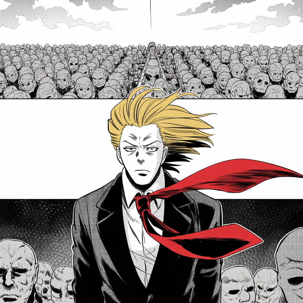 Imposing older man with a sweeping golden pompadour mane, heavy brow, small intense eyes, strong jowled jaw, long dark suit, very long red necktie flowing like a battle banner stands small in the foreground facing a vast horizon of faceless halftone masses stretching beyond the skyline