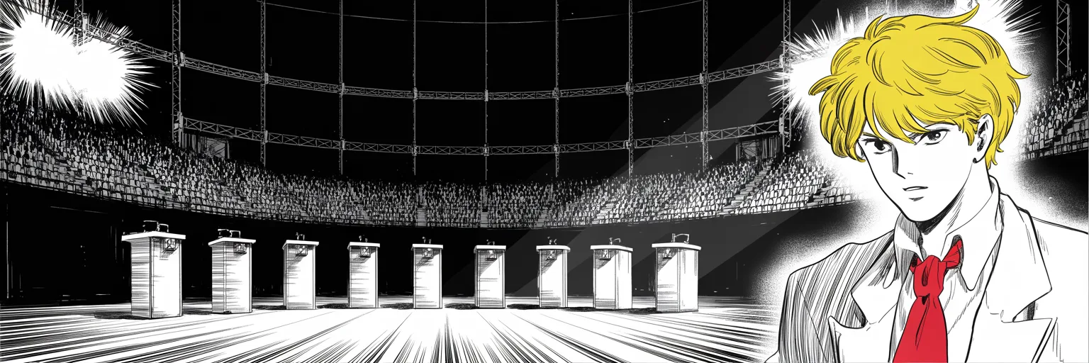 Ten empty podiums bolted to a vast dark stage under harsh stadium spotlights, cables and scaffolding, cavernous rows of empty arena seats sinking into halftone shadow