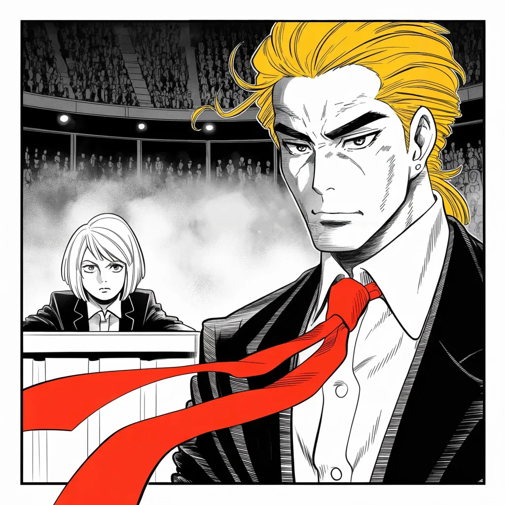 Manga panel 2 of 5, Week 8 “First Blood in Cleveland”: From behind the moderators' desk in the lower half of the square frame, a sharp-eyed blonde moderator levels her gaze like a drawn blade at the imposing older man with a sweeping golden pompadour…