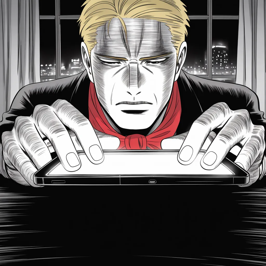 Manga panel 3 of 5, Week 8 “First Blood in Cleveland”: Extreme close-up in a darkened hotel room before dawn: heavy thumbs hover over a glowing phone screen in the upper half of the square frame, the light carving deep shadows across a jowled jaw and…