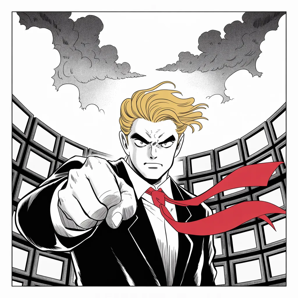 Manga panel 4 of 5, Week 8 “First Blood in Cleveland”: imposing older man with a sweeping golden pompadour mane, heavy brow, small intense eyes, strong jowled jaw, long dark suit, very long red necktie flowing like a battle banner, pointing in fury from…