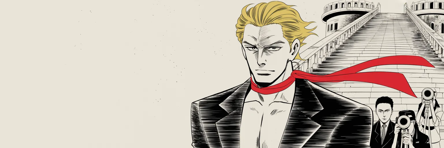 Manga panel 5 of 5, Week 8 “First Blood in Cleveland”: Ultra-wide shot in morning light at the fortress tower: imposing older man with a sweeping golden pompadour mane, heavy brow, small intense eyes, strong jowled jaw, long dark suit, very long red…