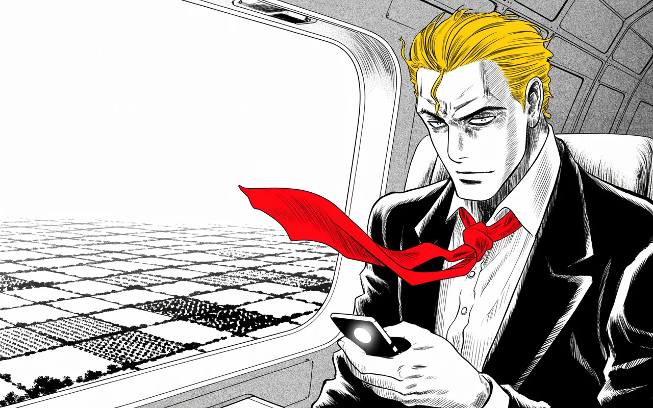 Manga panel 3 of 4, Week 9 “The Machine Descends on Iowa”: imposing older man with a sweeping golden pompadour mane, heavy brow, small intense eyes, strong jowled jaw, long dark suit, very long red necktie flowing like a battle banner gazes from a private…