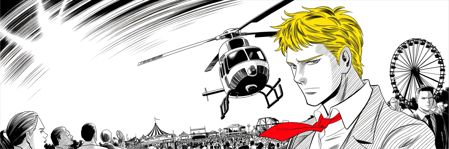Manga panel 4 of 4, Week 9 “The Machine Descends on Iowa”: a dark helicopter descends from a blazing sky over a sprawling state fairground on the right half of the frame, ferris wheel silhouetted at the far right, halftone crowds of upturned faces along the…