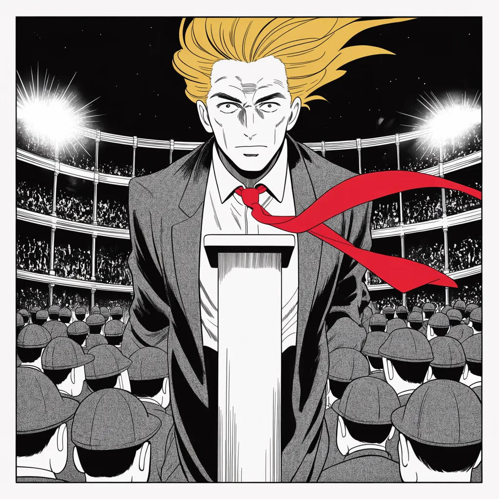 Manga panel 2 of 5, Week 10 “The Aura Made Visible”: Imposing older man with a sweeping golden pompadour mane, heavy brow, small intense eyes, strong jowled jaw, long dark suit, very long red necktie flowing like a battle banner at a lone podium in…