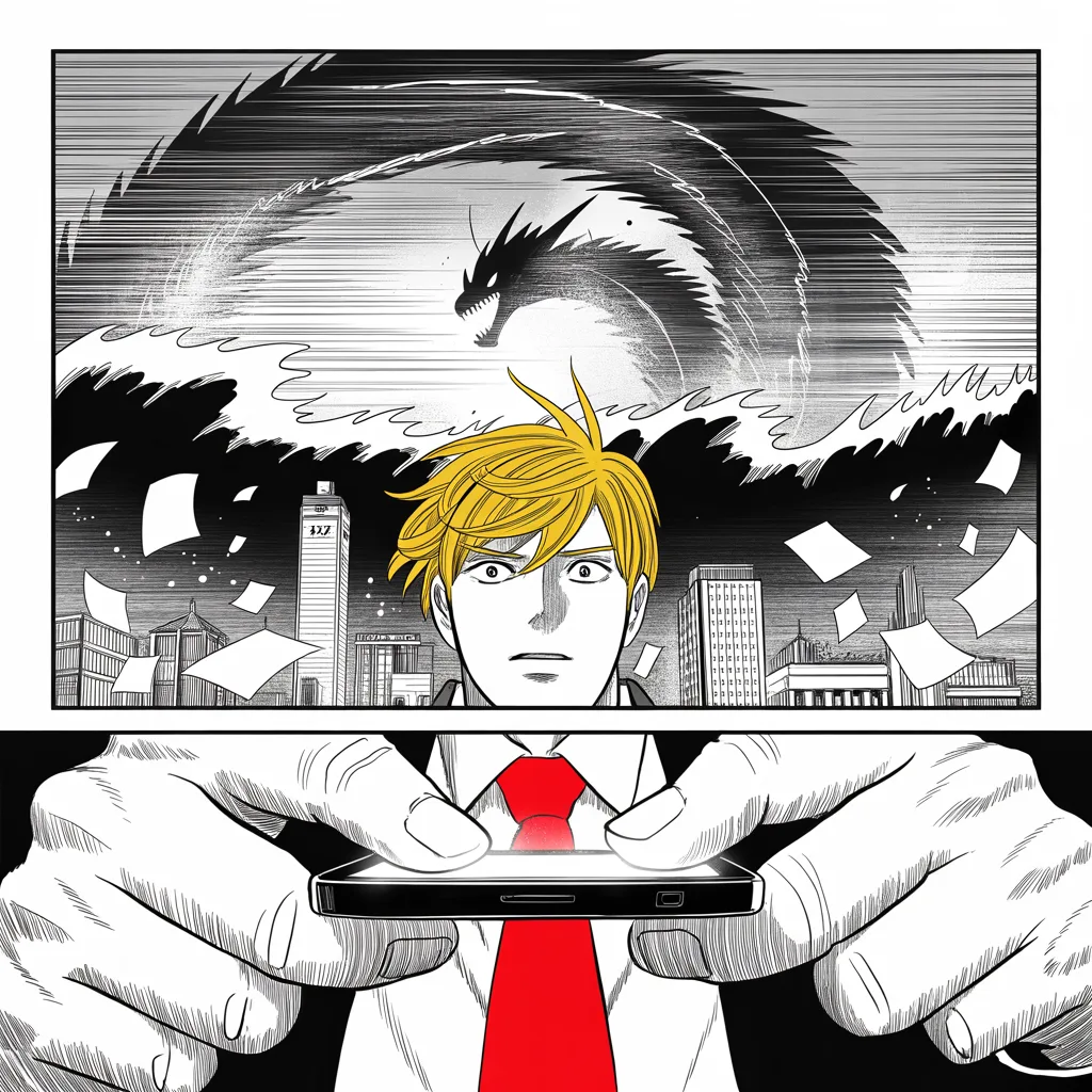 Manga panel 4 of 5, Week 10 “The Aura Made Visible”: Extreme close-up of heavy thumbs over a glowing phone screen at the bottom of the square frame; beyond it a jagged black tidal wave crashes across the middle strip over a skyline of bank towers…