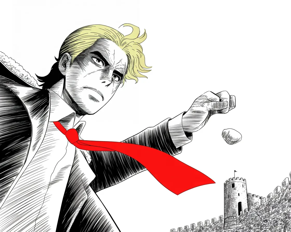 Manga panel 2 of 4, Week 11 “A Wall, Not a Fence”: imposing older man with a sweeping golden pompadour mane, heavy brow, small intense eyes, strong jowled jaw, long dark suit, very long red necktie flowing like a battle banner casually flicks a…