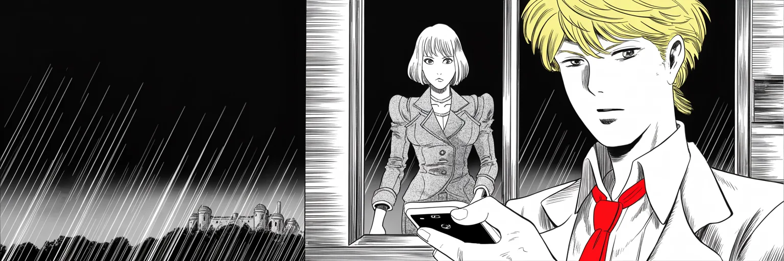 Manga panel 4 of 4, Week 11 “A Wall, Not a Fence”: close-up of thumbs over a glowing phone screen at the lower right of the frame; beyond a rain-streaked window on the right half, a distant fortress on the horizon where a composed older woman with…