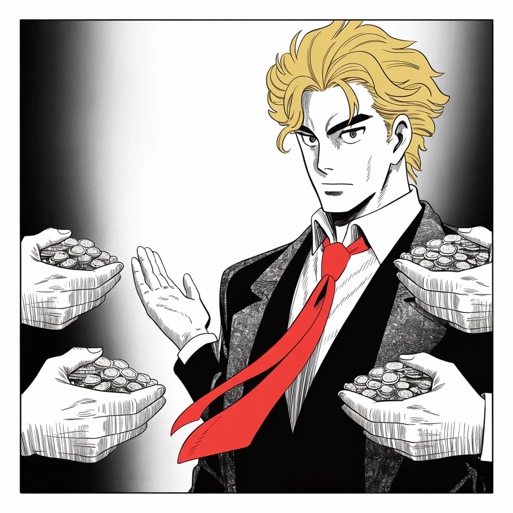 Shadowy hands offer overflowing chests of coins from the dark; imposing older man with a sweeping golden pompadour mane, heavy brow, small intense eyes, strong jowled jaw, long dark suit, very long red necktie flowing like a battle banner turns away, palm raised