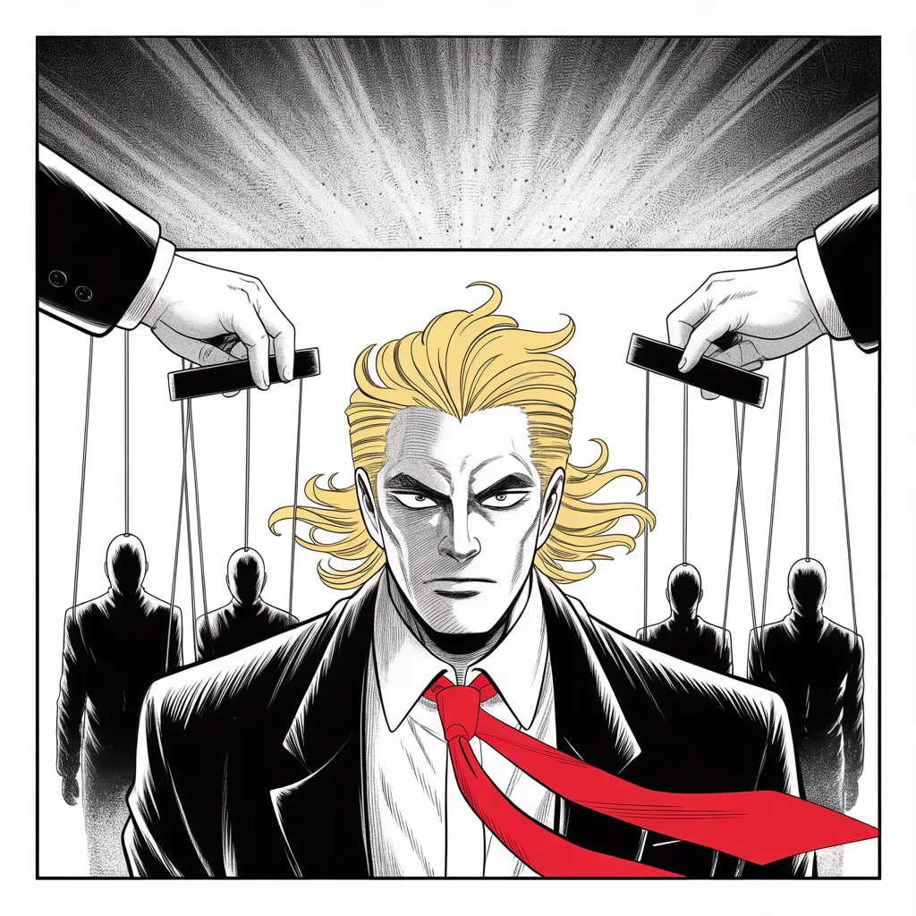 Rival silhouettes dangle from marionette strings held by giant shadowed hands; apart stands imposing older man with a sweeping golden pompadour mane, heavy brow, small intense eyes, strong jowled jaw, long dark suit, very long red necktie flowing like a battle banner, no strings upon him