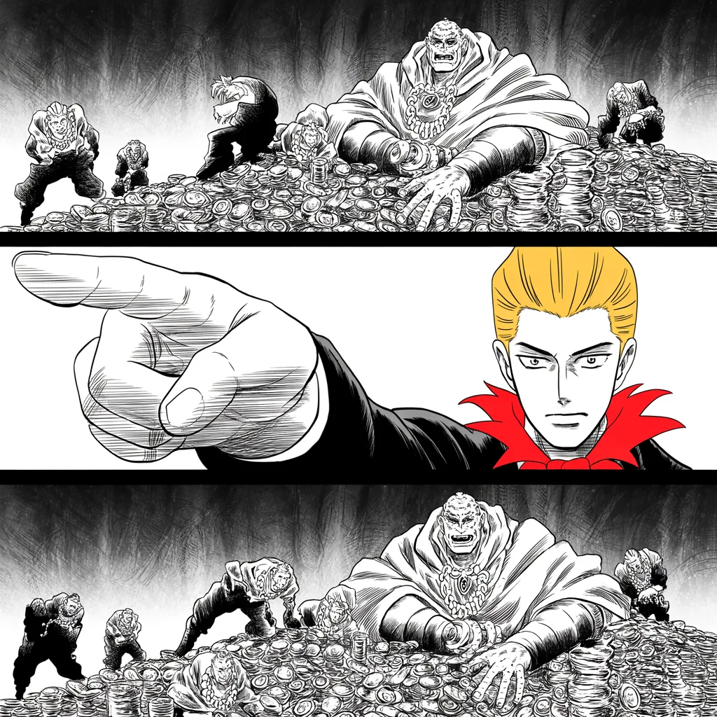 A colossal pointing hand looms over bloated gilded lords lounging atop mountains of coin while small worn laborers toil in shadow far below, heavy halftone gloom, dramatic ink hatching