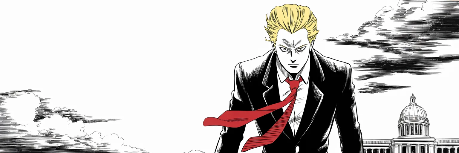 Seen from behind, imposing older man with a sweeping golden pompadour mane, heavy brow, small intense eyes, strong jowled jaw, long dark suit, very long red necktie flowing like a battle banner strides toward a distant domed capitol under massing storm clouds