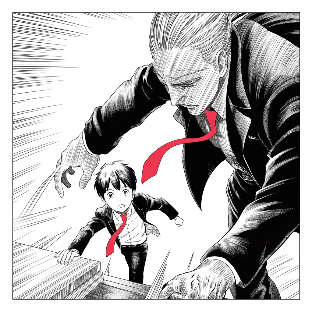 boyish clean-cut man, short dark hair, earnest large eyes, quick light movements staggers backward under a diagonal slash of speed lines, his podium splintering, the colossal shadow of a heavy figure with a long flowing necktie falling across him