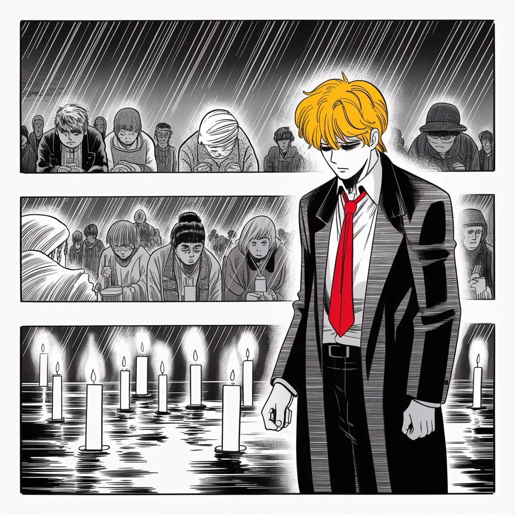 Rain over a small-town vigil at night, candle flames guarded by cupped hands, halftone mourners bowed in darkness; apart from them a heavy figure in a long dark suit stands with head lowered, eyes shadowed under his brow