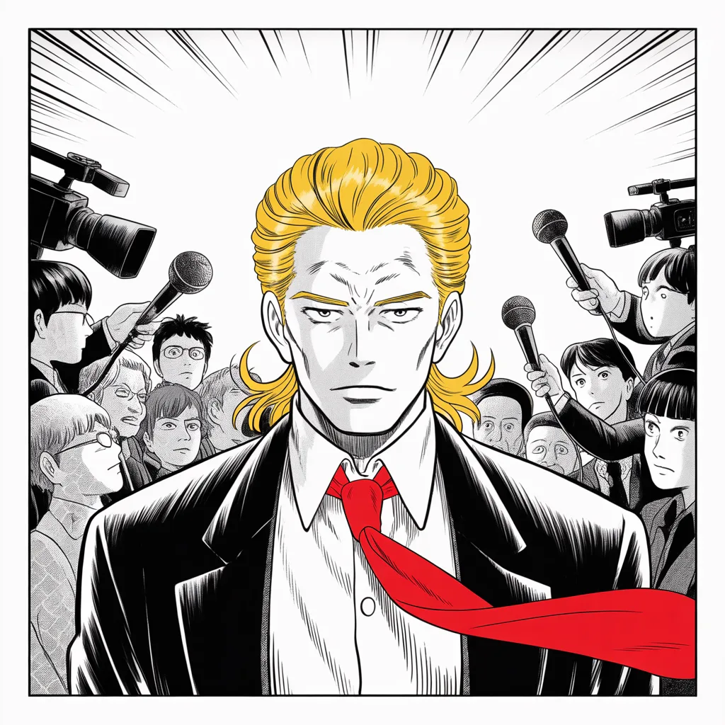 crowd of featureless figures with camera lenses for faces, microphone thicket, flash bursts encircling imposing older man with a sweeping golden pompadour mane, heavy brow, small intense eyes, strong jowled jaw, long dark suit, very long red necktie flowing like a battle banner, unmoved