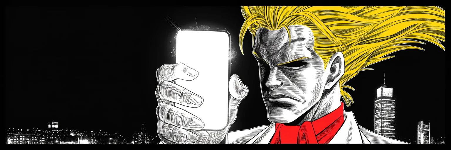 Close-up of thumbs over a glowing phone screen in total darkness, its light carving a heavy jowled face and sweeping golden pompadour out of the black, city lights scattered far below the tower window