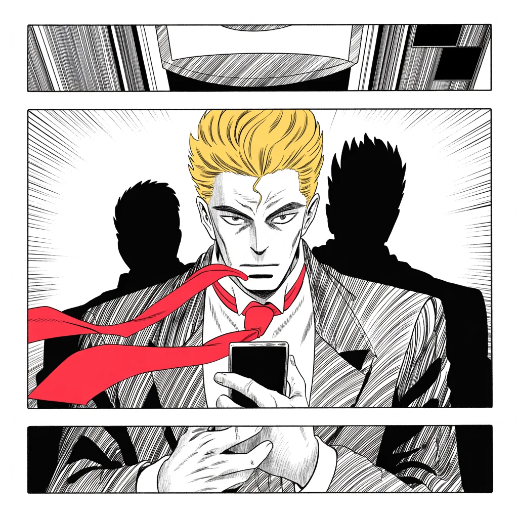 Manga panel 3 of 5, Week 18 “No Star on Their Stage”: Square panel: held to the middle strip of the frame, imposing older man with a sweeping golden pompadour mane, heavy brow, small intense eyes, strong jowled jaw, long dark suit, very long red…