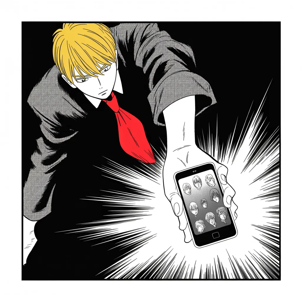 Manga panel 4 of 5, Week 18 “No Star on Their Stage”: Square panel: seen from directly above, a pair of hands striking a glowing phone screen confined small to the lower right quarter of the frame, tiny halftone masses of distant faces reflected only…