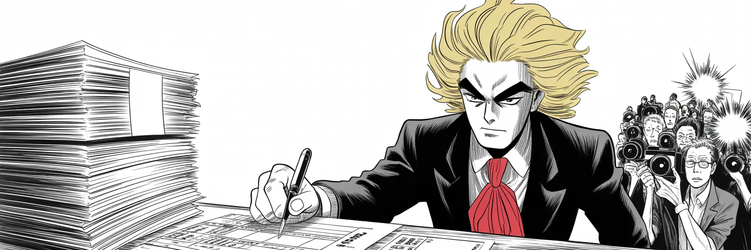 Manga panel 5 of 5, Week 18 “No Star on Their Stage”: Ultra-wide cinemascope band: imposing older man with a sweeping golden pompadour mane, heavy brow, small intense eyes, strong jowled jaw, long dark suit, very long red necktie drives a pen into a…