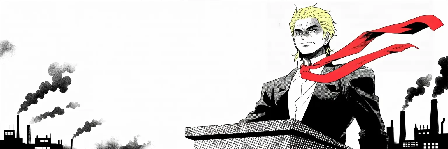 Manga panel 4 of 4, Week 19 “The Shadow Withdraws”: Ultra-wide cinemascope band: imposing older man with a sweeping golden pompadour mane, heavy brow, small intense eyes, strong jowled jaw, long dark suit, very long red necktie flowing like a battle…