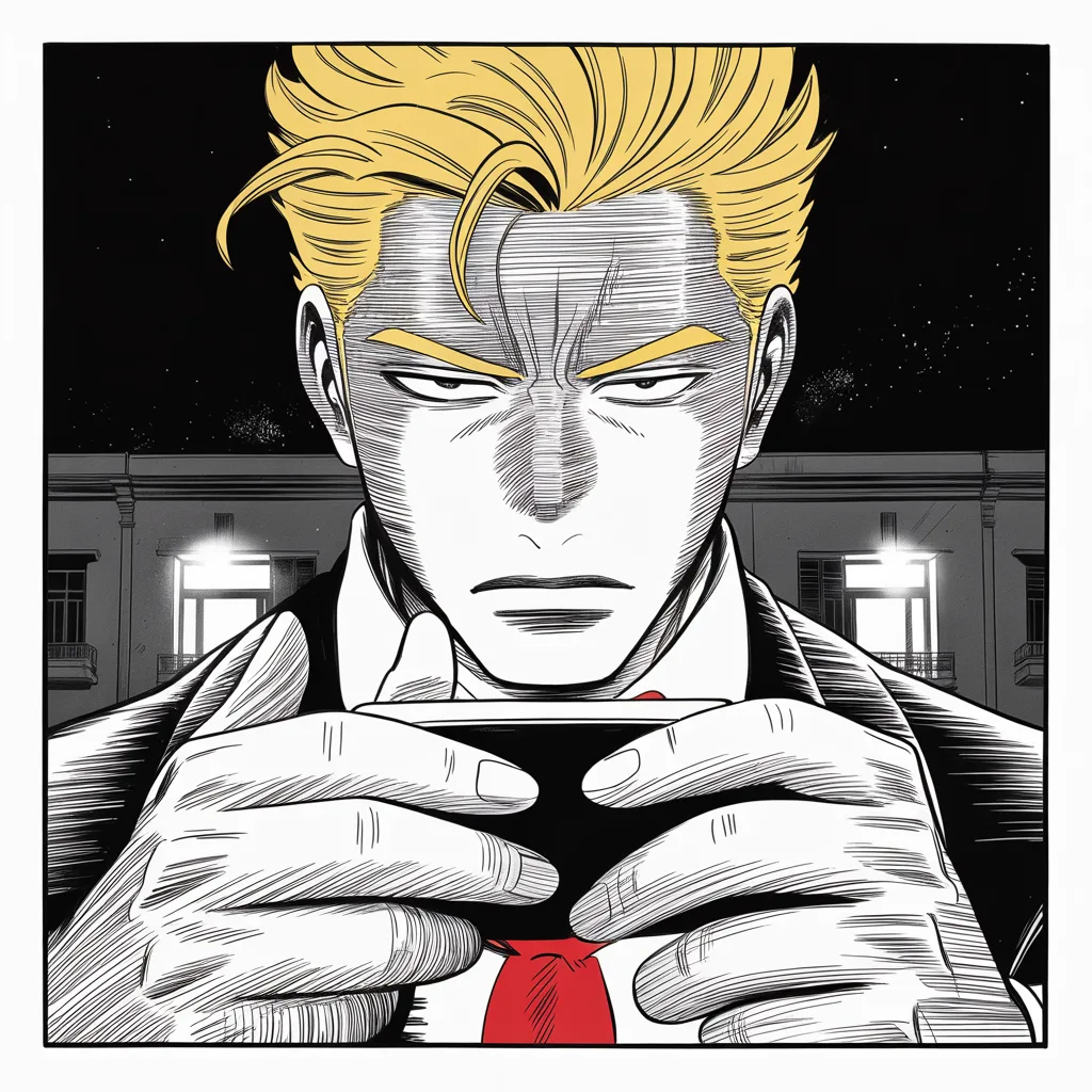 Extreme close-up of heavy thumbs over a glowing phone screen in total darkness, the pale light carving a strong jowled jaw, heavy brow and sweeping golden pompadour mane out of deep halftone night, hotel window lights blurred behind