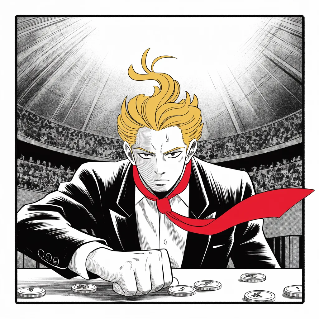 Low angle, imposing older man with a sweeping golden pompadour mane, heavy brow, small intense eyes, strong jowled jaw, long dark suit, very long red necktie flowing like a battle banner at a rally podium, arm slashed in refusal, coins spilling ignored at his feet, mane haloed by stage light