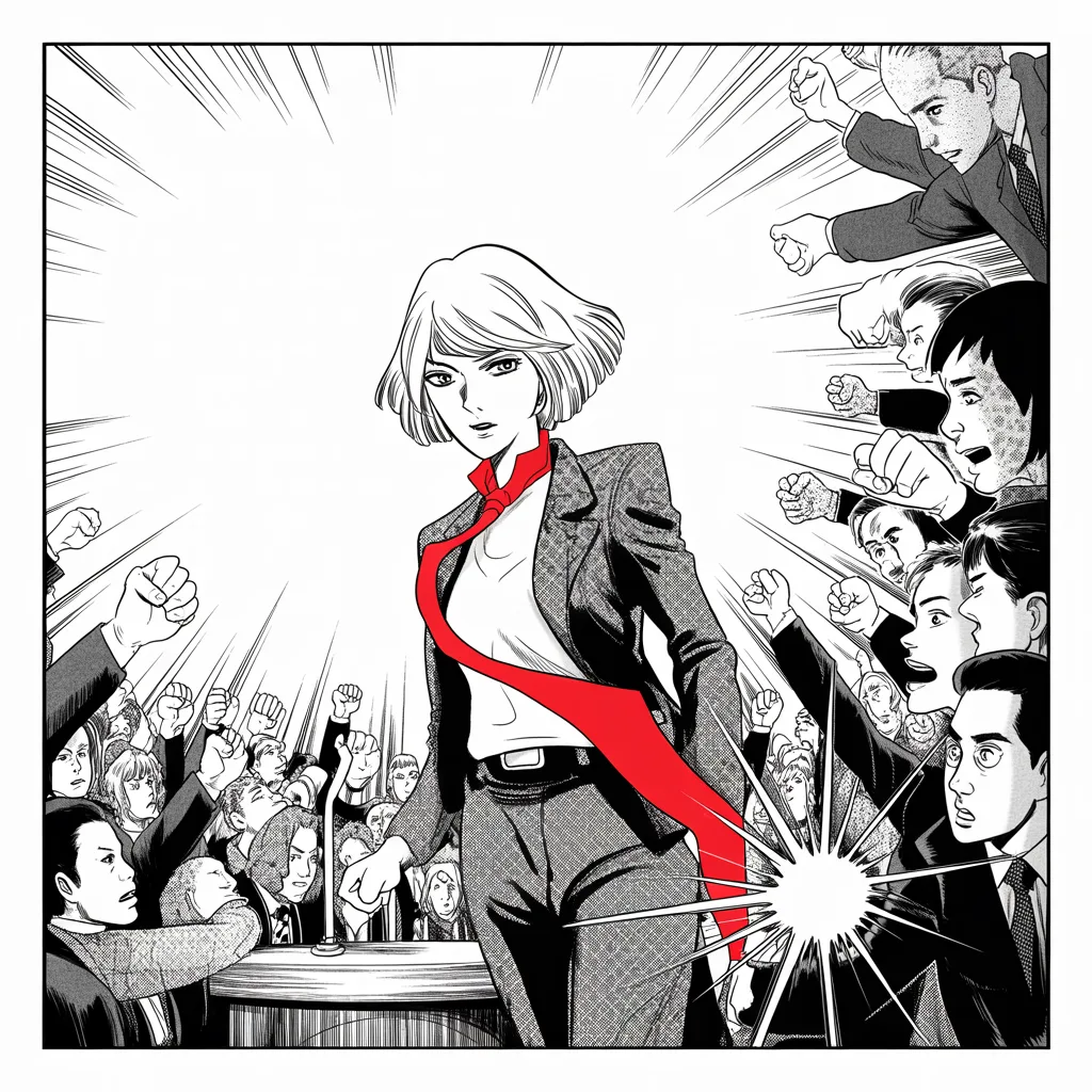 composed older woman with short blonde hair, tailored pantsuit like armor plating, measured strategist's gaze faltering mid-speech at a podium as a surging halftone crowd raises fists around her, flash bursts from camera-lens faces, her banner line breaking, jagged speed lines