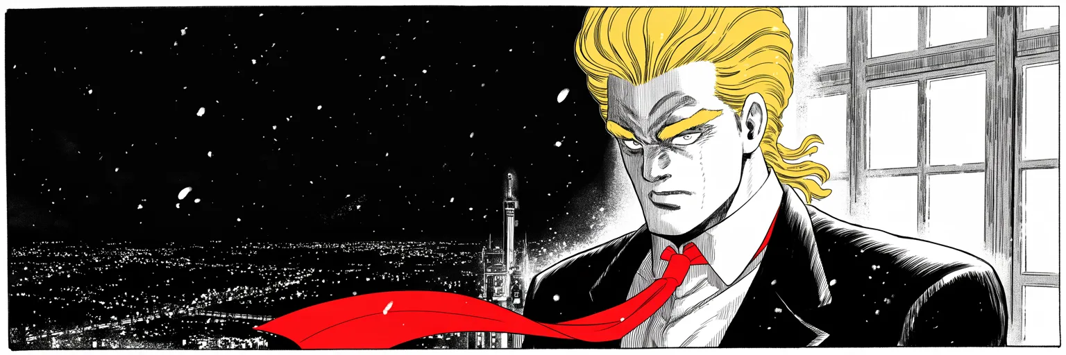 Night, imposing older man with a sweeping golden pompadour mane, heavy brow, small intense eyes, strong jowled jaw, long dark suit, very long red necktie flowing like a battle banner at a vast tower window above city lights, first snowflakes drifting past the glass, his reflection faint and immense