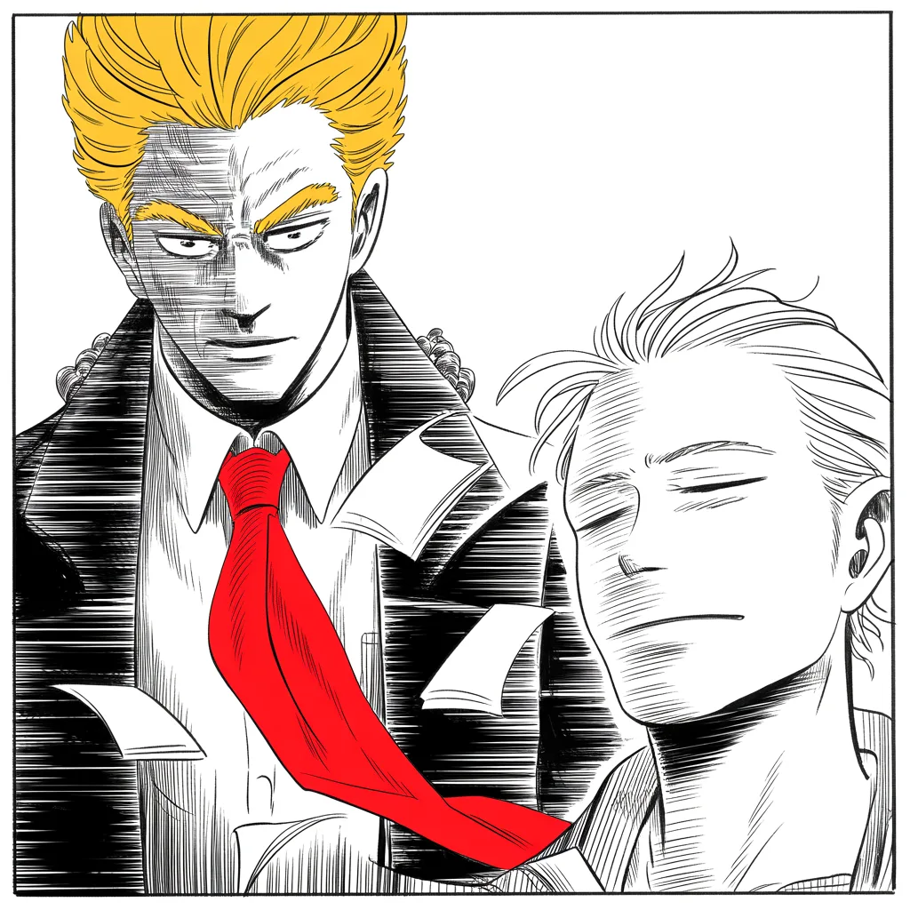 Manga panel 2 of 5, Week 21 “The Jester's Temple”: Square panel: imposing older man with a sweeping golden pompadour mane, heavy brow, small intense eyes, strong jowled jaw, long dark suit, very long red necktie flowing like a battle banner…