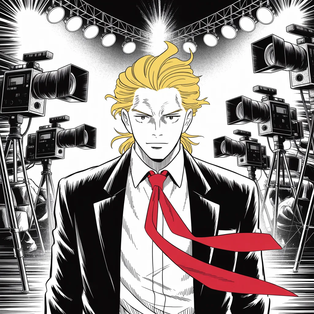 Manga panel 3 of 5, Week 21 “The Jester's Temple”: Square panel: held to the middle strip of the frame, backstage of a vast television temple where imposing older man with a sweeping golden pompadour mane, heavy brow, small intense eyes, strong…
