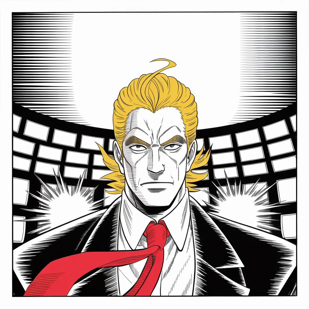 Manga panel 4 of 5, Week 21 “The Jester's Temple”: Square panel: low angle before a wall of glowing broadcast monitors spanning the middle strip of the frame, imposing older man with a sweeping golden pompadour mane, heavy brow, small intense eyes…
