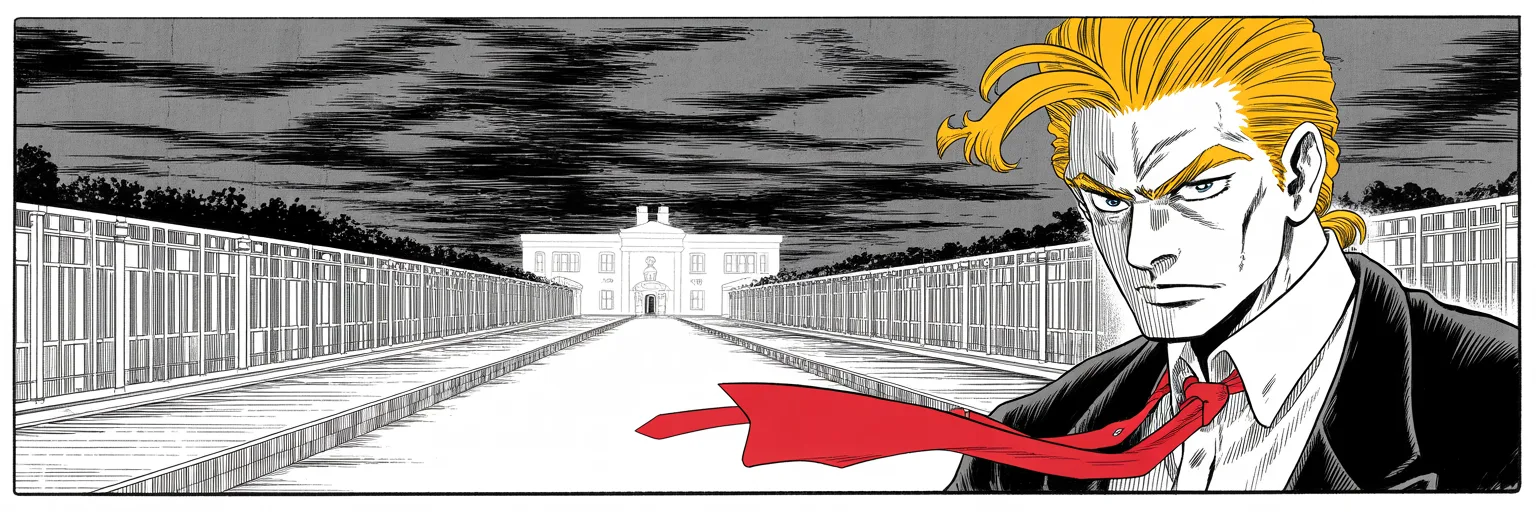 Manga panel 5 of 5, Week 21 “The Jester's Temple”: Ultra-wide cinemascope band: dusk, imposing older man with a sweeping golden pompadour mane, heavy brow, small intense eyes, strong jowled jaw, long dark suit, very long red necktie flowing like a…