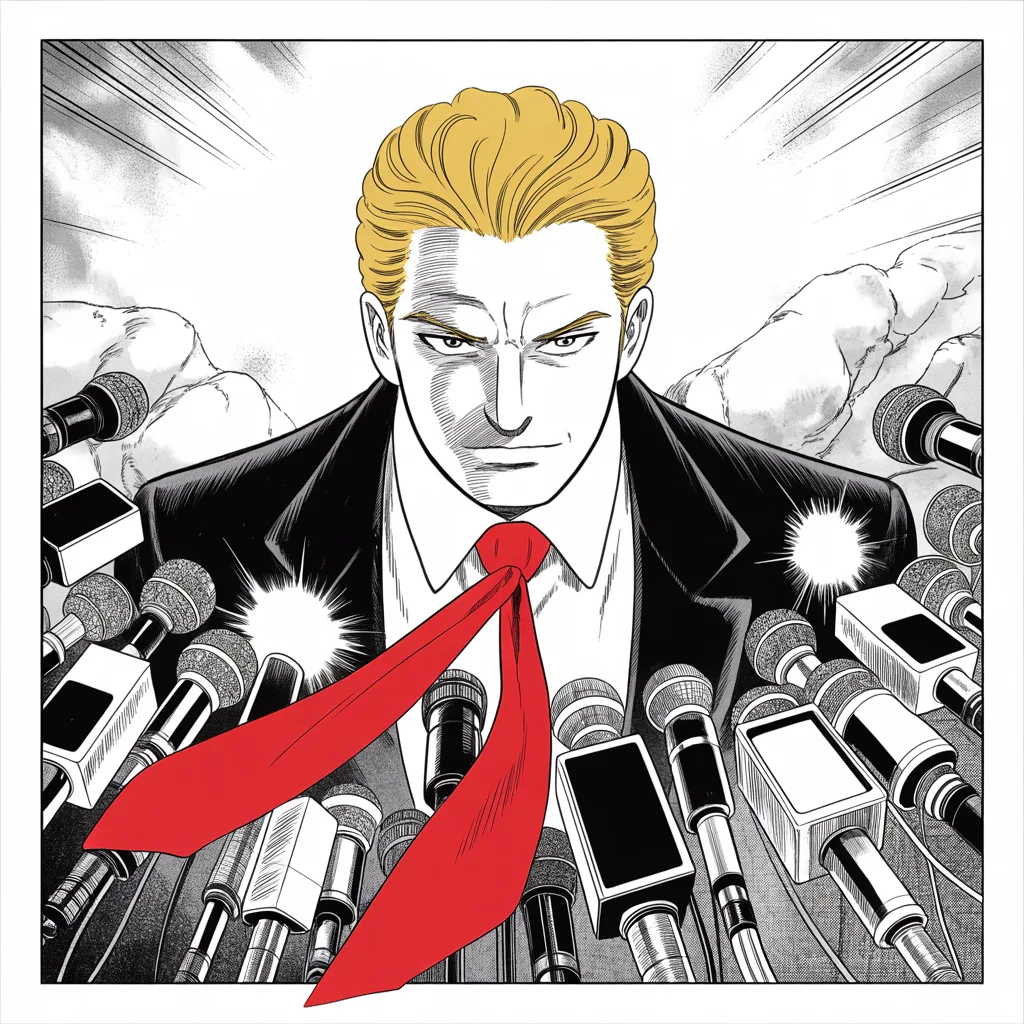 Manga panel 2 of 5, Week 22 “Black Borders”: Square panel: imposing older man with a sweeping golden pompadour mane, heavy brow, small intense eyes, strong jowled jaw, long dark suit, very long red necktie flowing like a battle banner facing a…