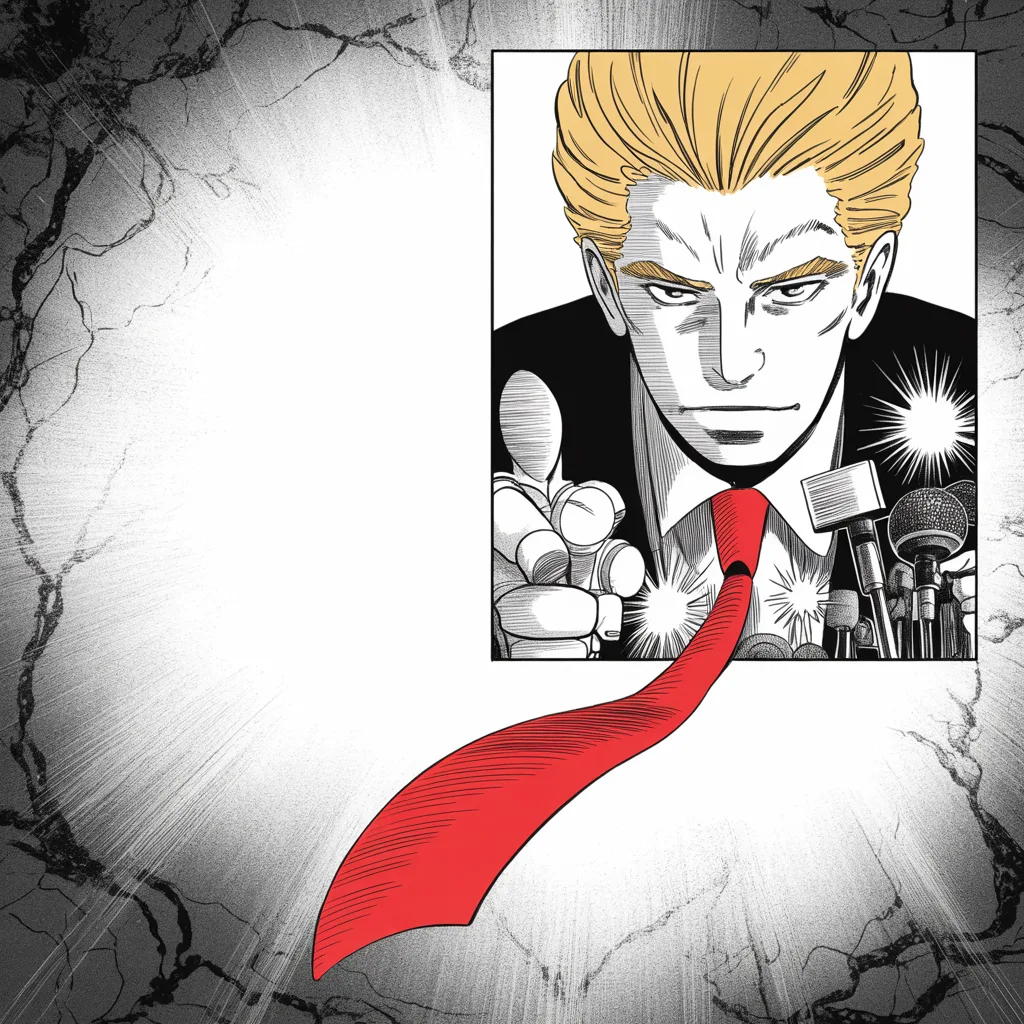 Manga panel 3 of 5, Week 23 “The Omens Arrive”: Square panel: tight close-up confined to the upper right quarter of the frame — imposing older man with a sweeping golden pompadour mane, heavy brow, small intense eyes, strong jowled jaw, long dark…