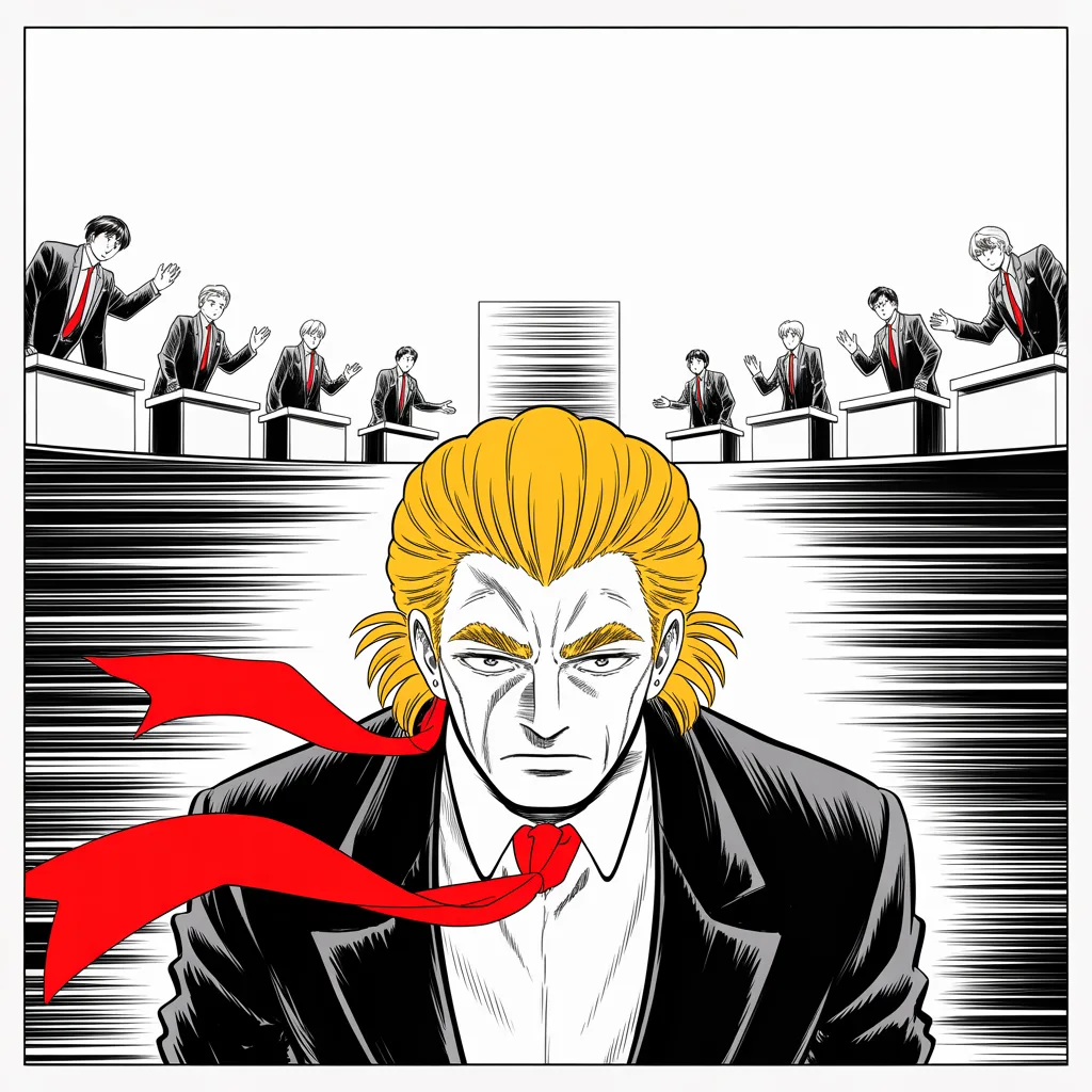 Manga panel 4 of 5, Week 23 “The Omens Arrive”: Square panel: imposing older man with a sweeping golden pompadour mane, heavy brow, small intense eyes, strong jowled jaw, long dark suit, very long red necktie flowing like a battle banner in the…