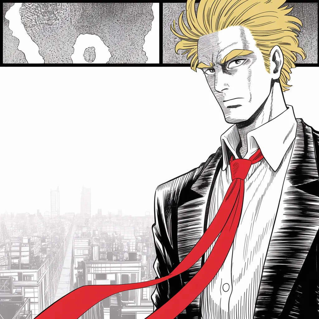 Manga panel 2 of 5, Week 24 “Twelve Thousand Faces”: imposing older man with a sweeping golden pompadour mane, heavy brow, small intense eyes, strong jowled jaw, long dark suit, very long red necktie flowing like a battle banner standing alone at a…